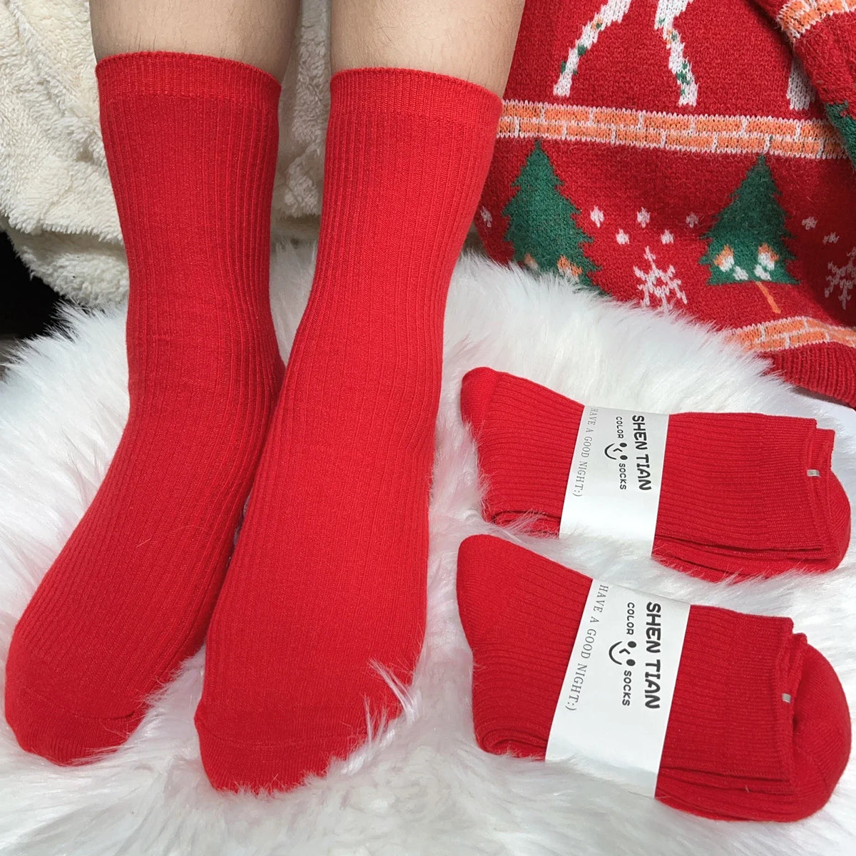 Men Women Socks Red New Year Cotton Socks Breathable Sports Comfortable Solid Color Cotton Festival Casual Lucky Red Floor Socks