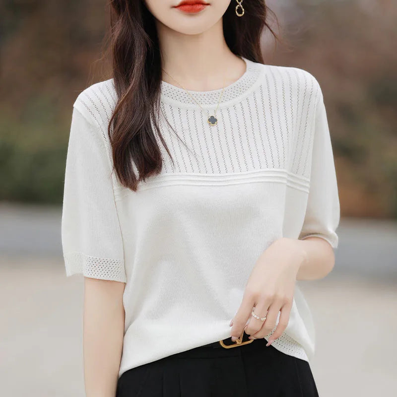 Summer New Round Neck Women's Ice Silk Sweater Temperament Joker Loose Slim Short Sleeve Age-Reducing Fashion Sweater