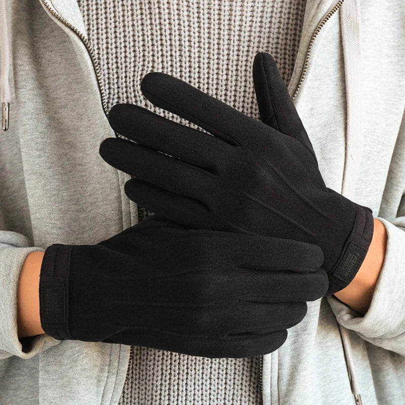 Men's Winter Velvet Gloves, Warm, Windproof and Cold-Proof, Touch Screen Cycling and Driving Gloves, 1 Pair