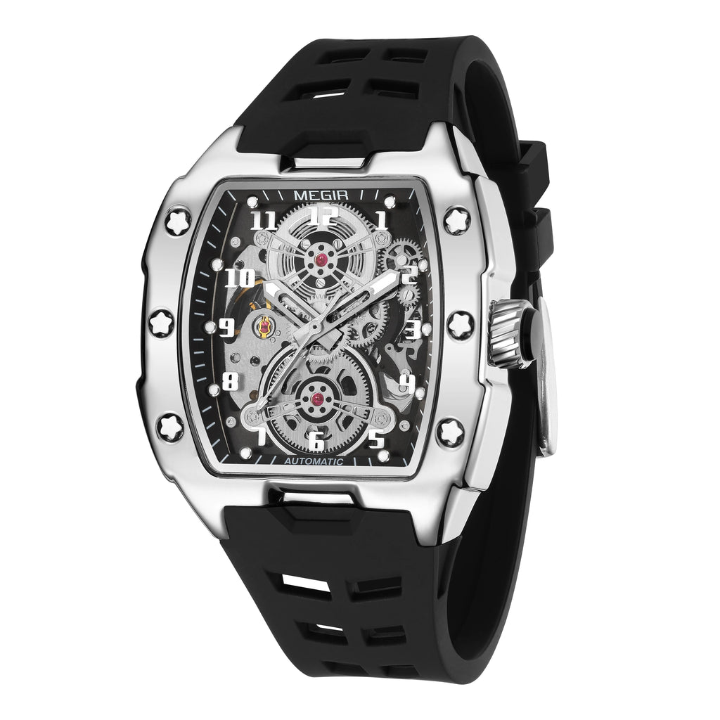 MEGIR Automatic Mechanical Watches for Men 43MM Tonneau Skeleton Dial Man Wristwatch Waterproof Luminous Male Clock Reloj Hombre