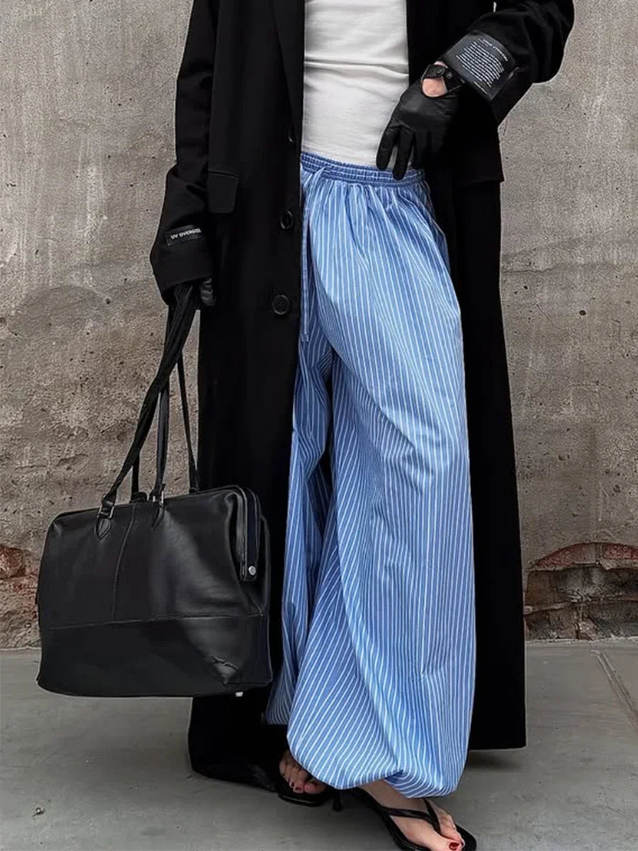 Wolfeel Summer  New Women's Cotton Thin Striped Baggy Lantern Pants  Fashion Elastic Waist Casual Streetwear Trousers