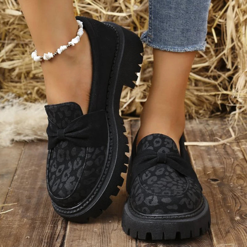 Leopard Faux Suede Loafers Shoes for Women Plus Size Platform Shoes Woman Bowknot Decoration Slip On Casual Shoes Mujer