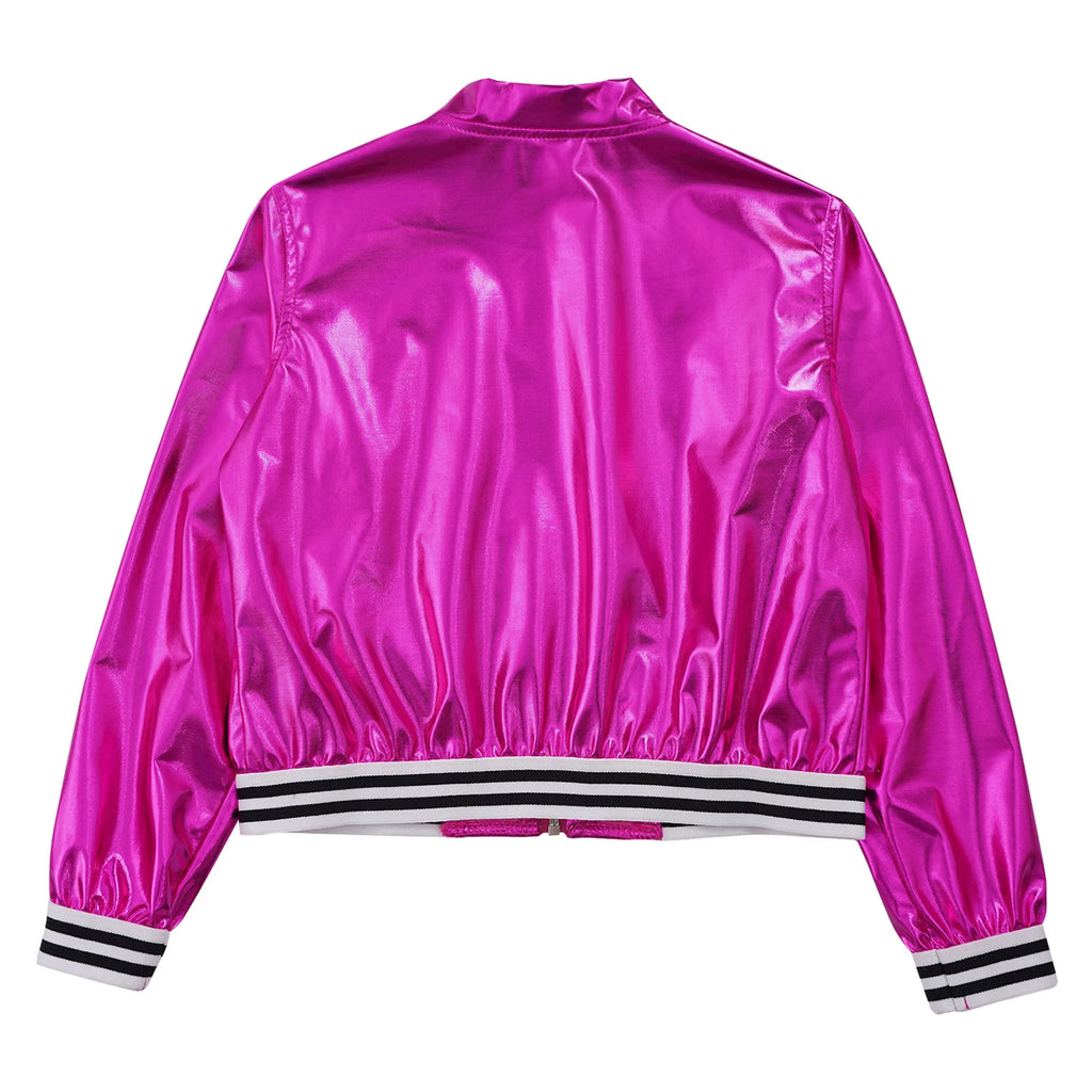 Kids Girls Hip-hop Jazz Street Dance Coat Long Sleeve Shiny Bronzing Cloth Baseball Jacket Bomber Outerwear Streetwear Dancewear