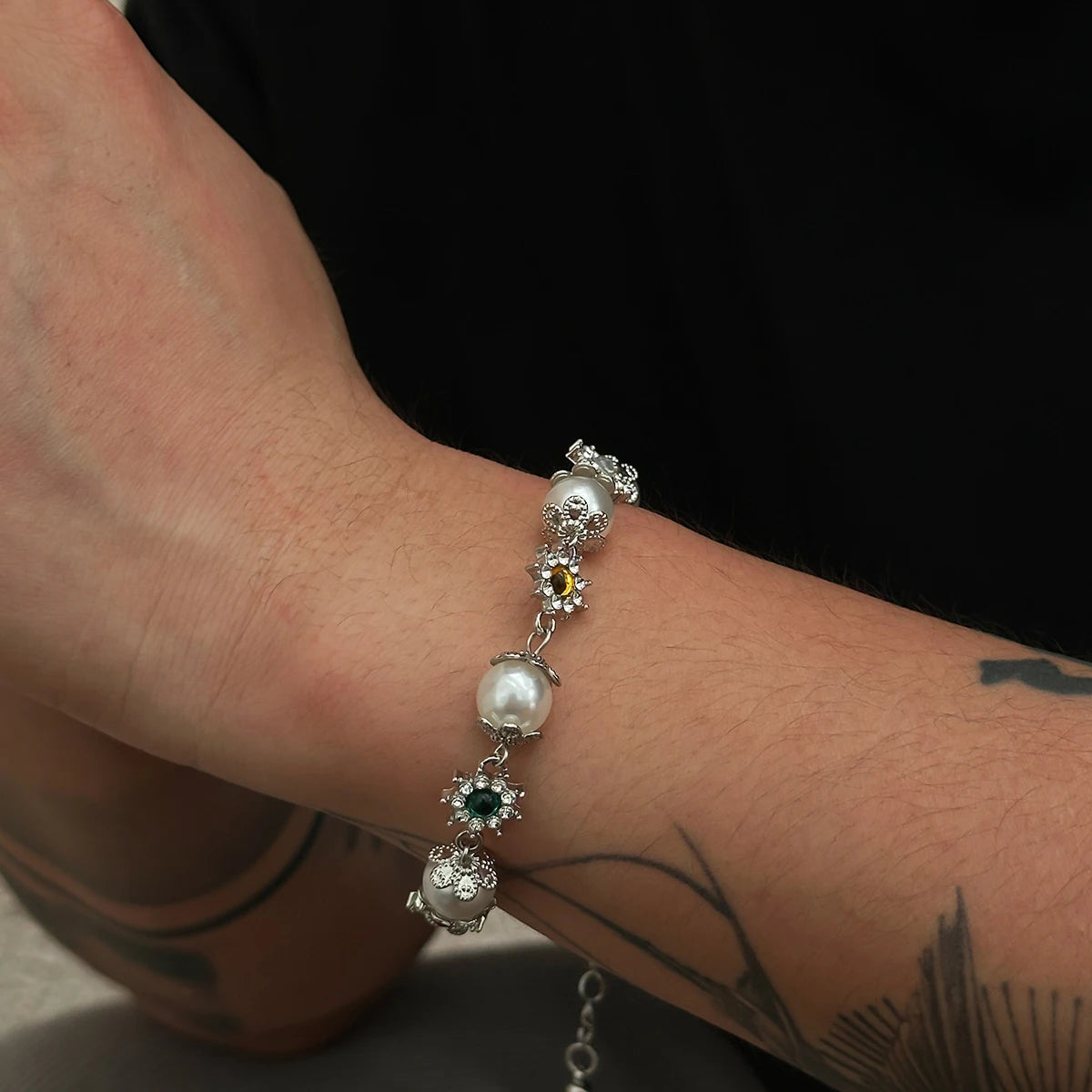 KunJoe Creative Shining Inlaid Rhinestones Imitation Pearl Bracelet for Men Fashion Statement Hand Bracelet Male Street Jewelry