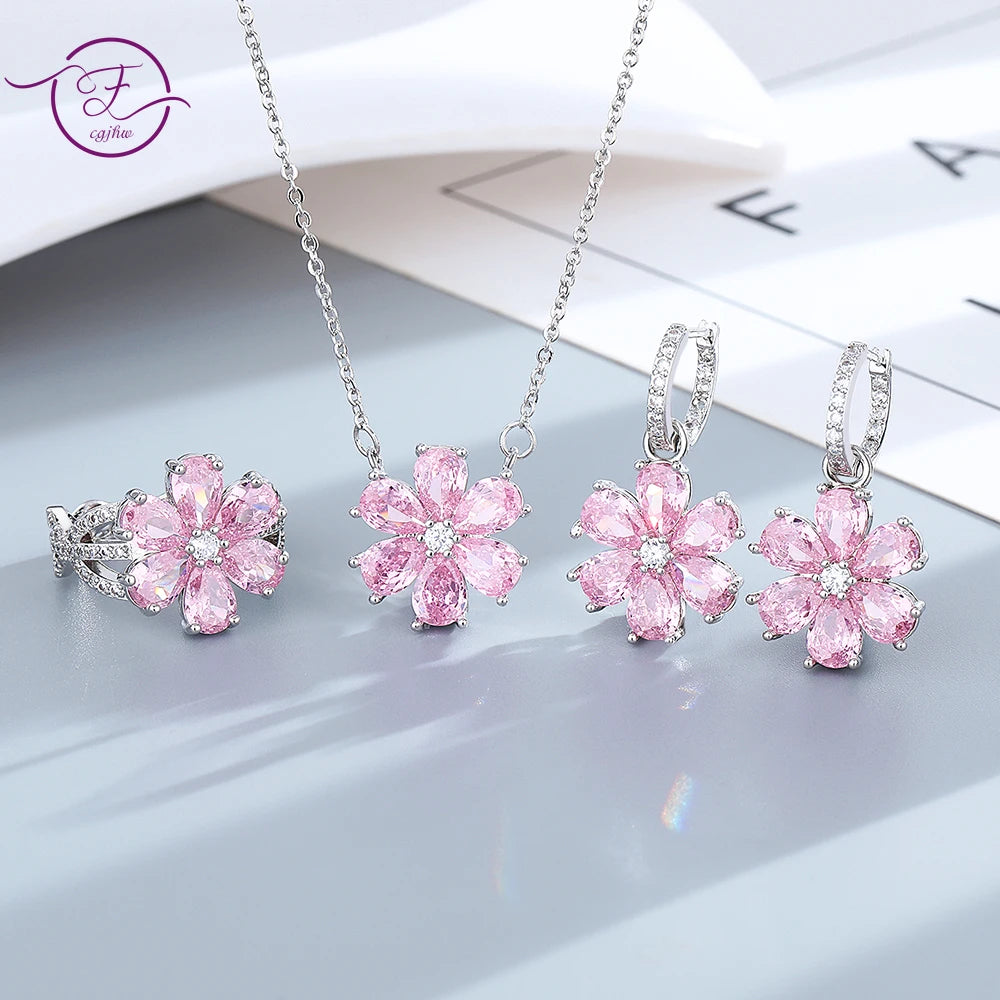 Fashion Wedding Ring for Women Pink Zircon Crystal Flower Pendant Bracelets Earrings Necklace Rings Fine Jewelry Sets FCGJHW