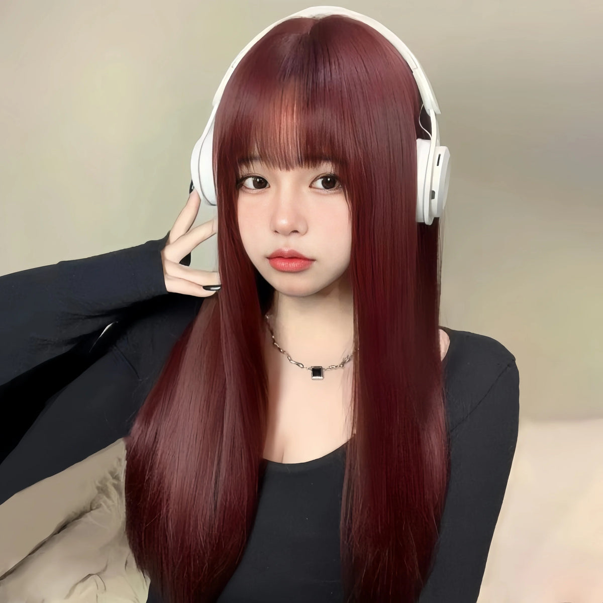 Wig female wine red long straight hair comic fringe temperament repair face synthetic fiber high temperature silk wig head cover