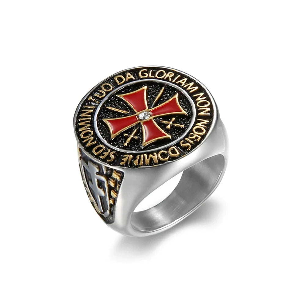 Europe and The United States New Simple Trend Red Cross Ring Men Domineering Templar Masonic Ring Fashion Party Jewelry Gifts