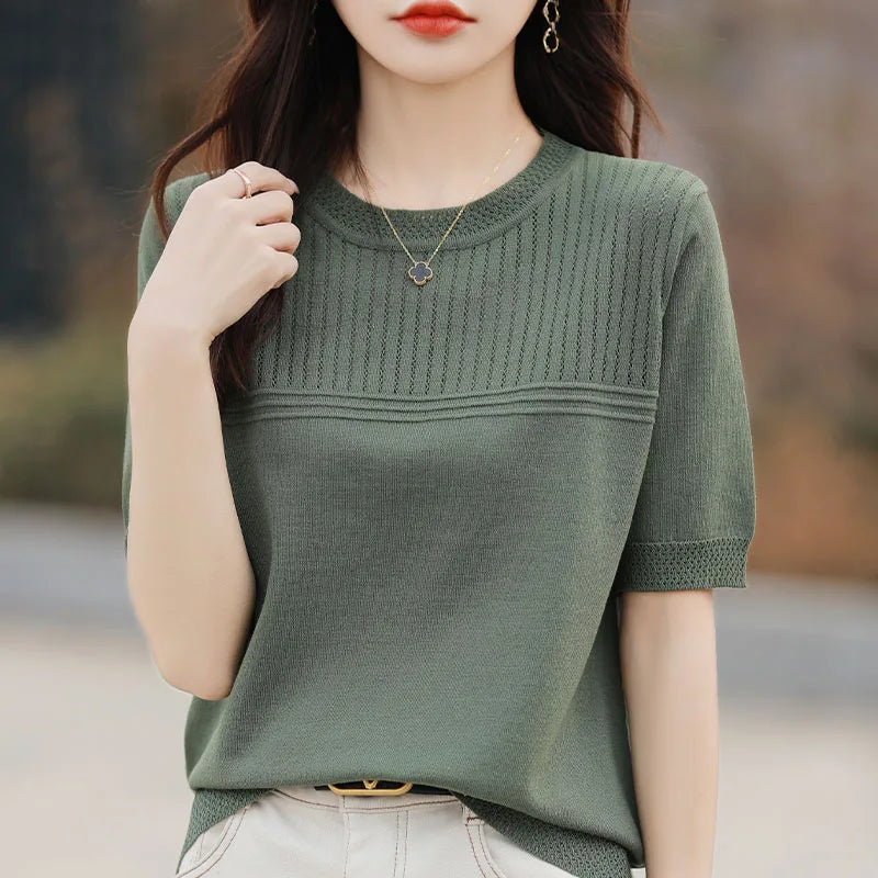 Summer New Round Neck Women's Ice Silk Sweater Temperament Joker Loose Slim Short Sleeve Age-Reducing Fashion Sweater