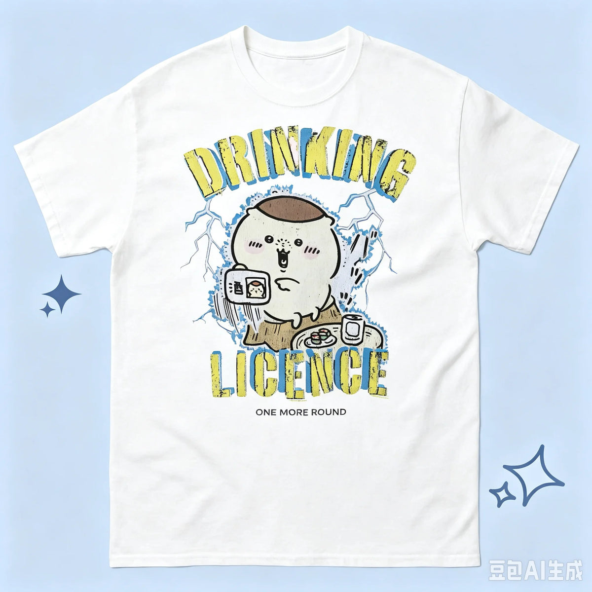Chiikawa Kurimanjuu Drinking Licence Retro Anime T-shirt Distressed Graphic Cotton Tee Unisex Grunge Casual Streetwear Shirt