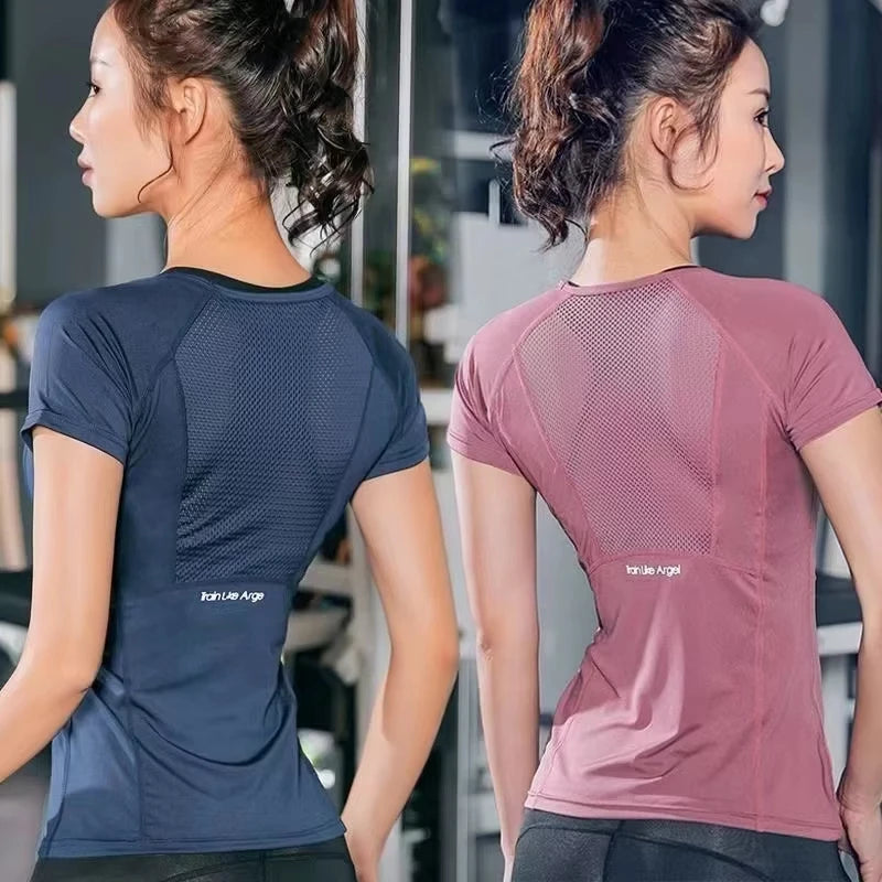 Sports T-Shirt Women Summer Breathable Sexy Beauty Back Fitness Wear Quick Dry Running Training Short Sleeve Yoga Top