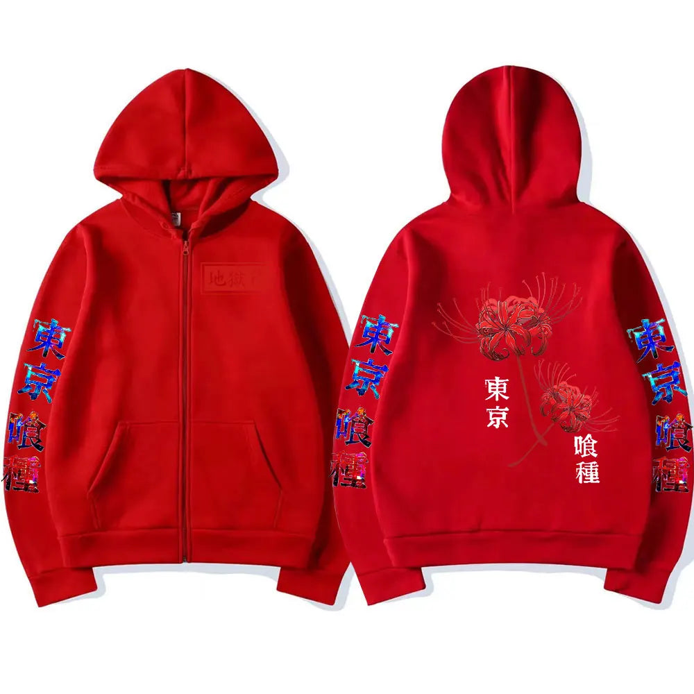 Anime Tokyo Ghoul Spider Lily Zipper Hoodie Kanekiken Manga Graphic Print Hooded Zip Up Sweatshirts Oversize Men's Jackets Coats