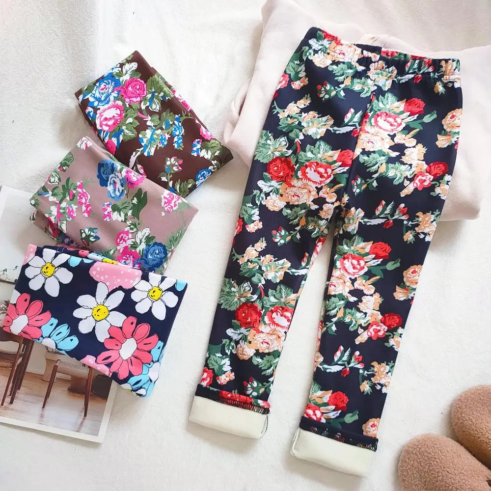 Floral Print Autumn Winter Velvet Warm Kids Pants for Girls Leggings