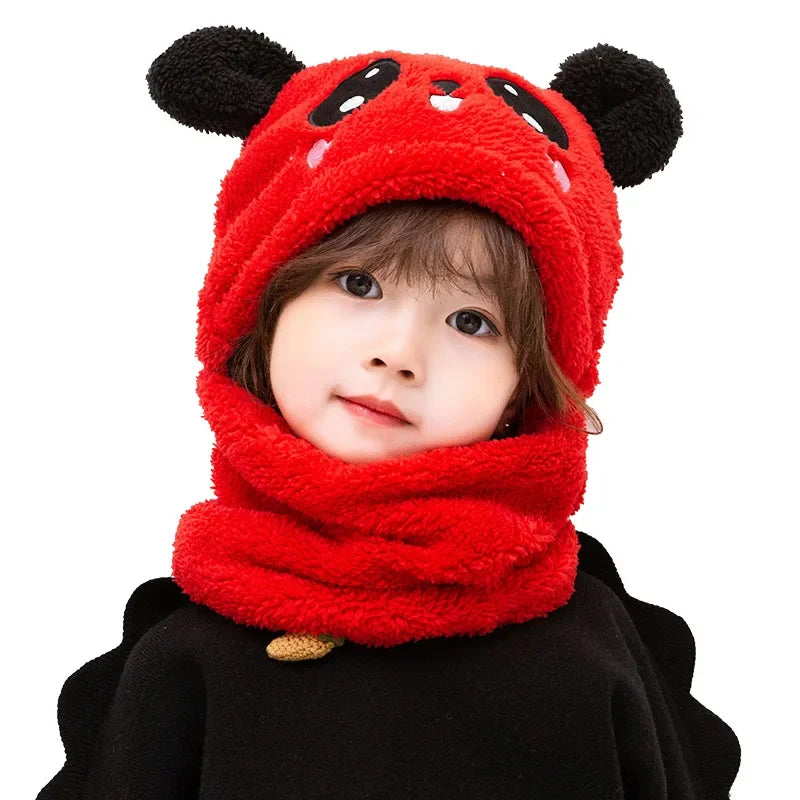 Cartoon Hat for Girls Boys Scarf Thicken Cap Winter Hat for Kids Newborn Baby Stuff Children Hat Plus Fleece Kids Caps 1-18Years