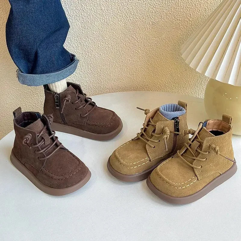 Kids Ankle Boots Retro British Style Children Short Boots Side Zip 2026 Autumn New Boys Girls Leather Boots Versatile Soft Sole