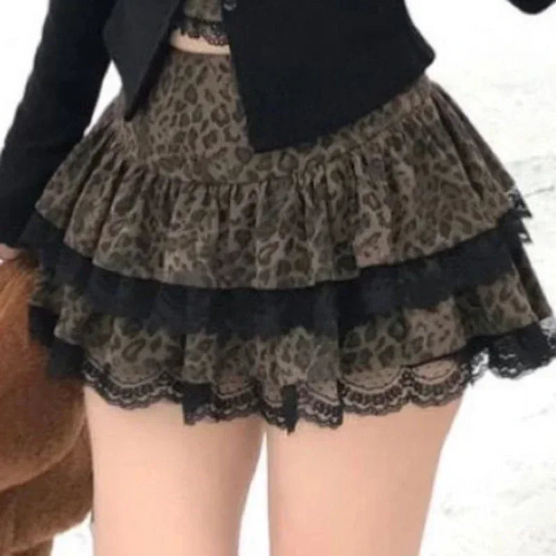 Autumn Winter Sexy Leopard Print Skirt Suit Women Fake Two Piece Tops + Lace Cake Skirt Set Japanese Y2k Bow Sets 2000s Clothing