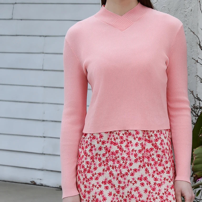 AP 2025 Spring and Summer Women Pink Pattern Satin Slip Dress Knitting V-neck Sweater Sweet Style Clothing