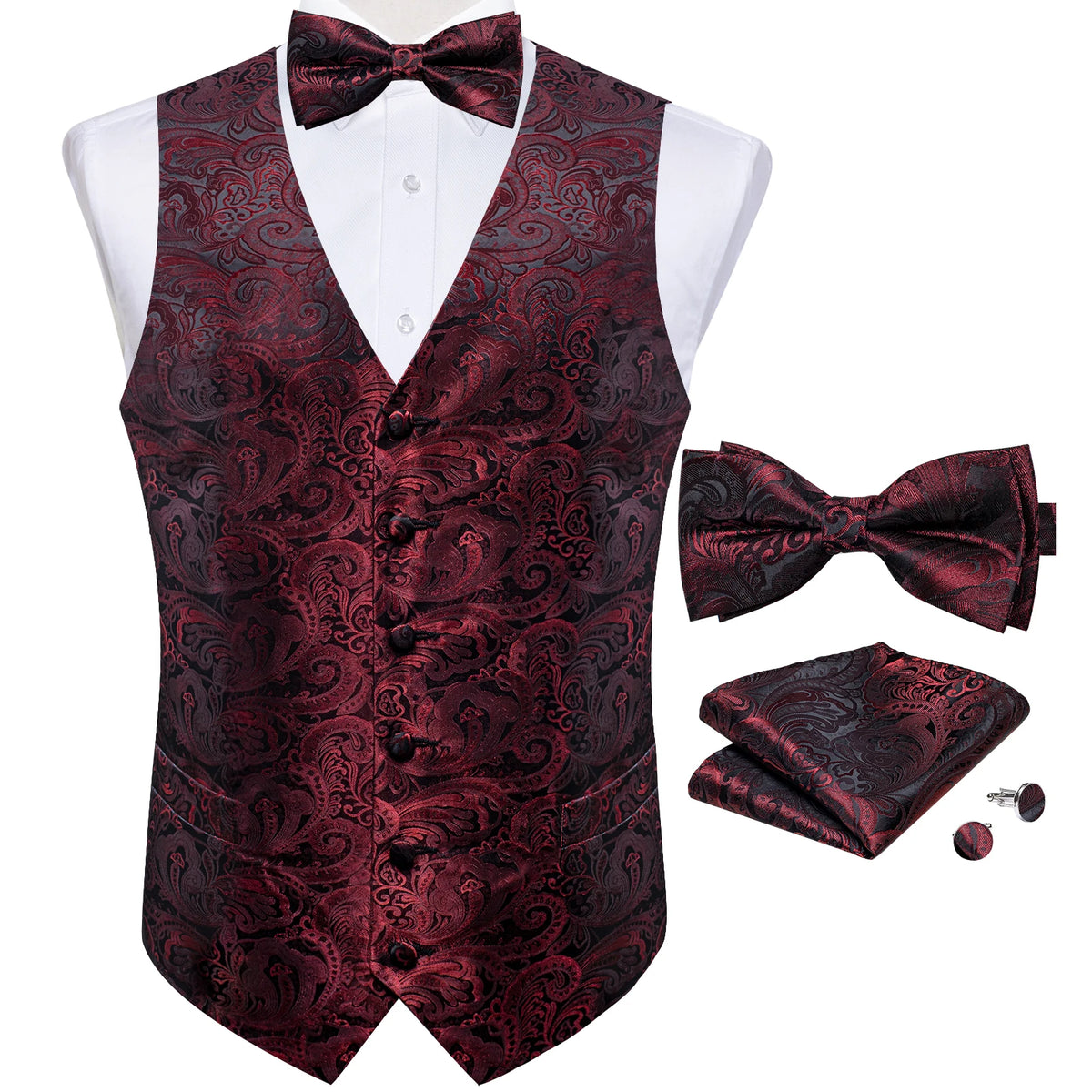 Wedding Classic Red Paisley Dress Vest for Man Fashion V-neck Luxury Men's Business Waistcoat Bowtie Pocket Square Cufflinks Set