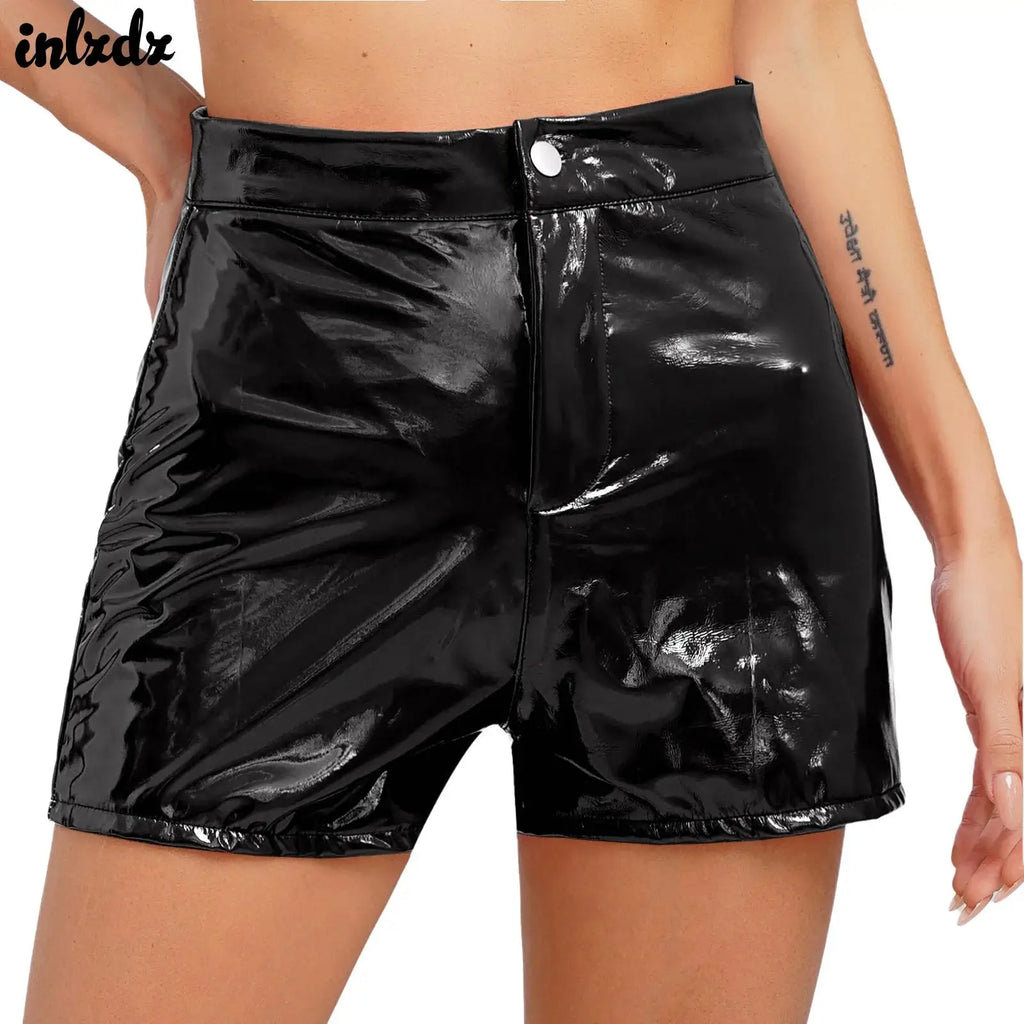 Womens PU Leather Latex Shorts High Waist Mini Shorts Shiny Hot Pants Holiday Party Rave Clothings Festival Bar Club Wear