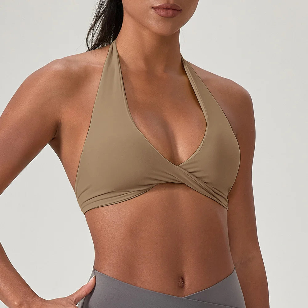 Sports Yoga Bra For Women Underwear Sportswear Halter Neck With Stylish Back Sexy Gym Bra With Cups Running Fitness Backless Top