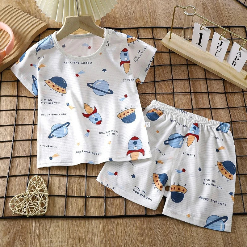 Pajama Cartoon T-Shirt+Shorts 2-Piece Clothing Set Kids Summer Baby Boys Girls Casual Tracksuit Clothes Suit 0-6 Years