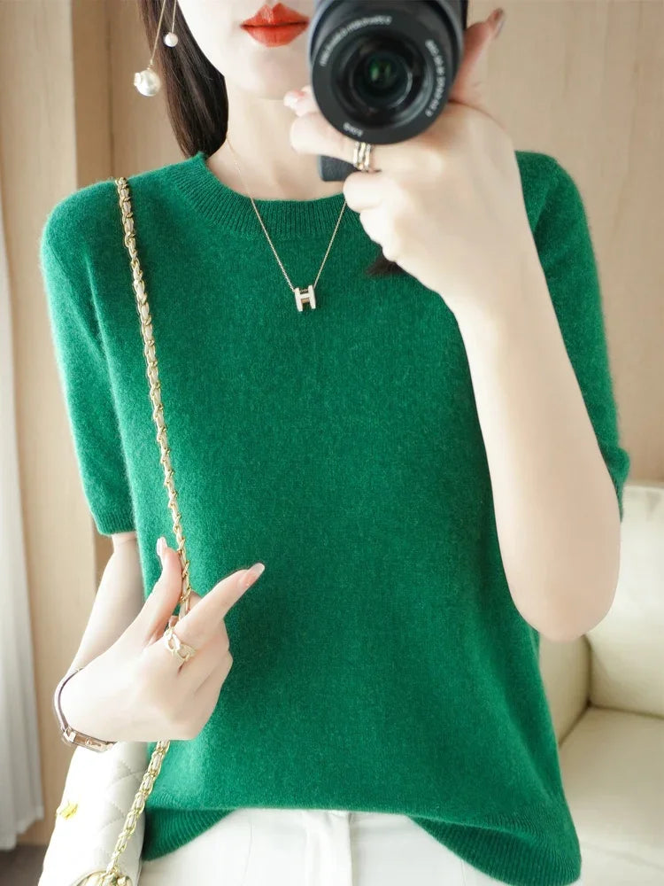 Spring Summer Women Sweaters Short Sleeves O-neck Bottoming Shirts Knitwear 2024 Summer Knit Tops Pullovers Korean Jumpers