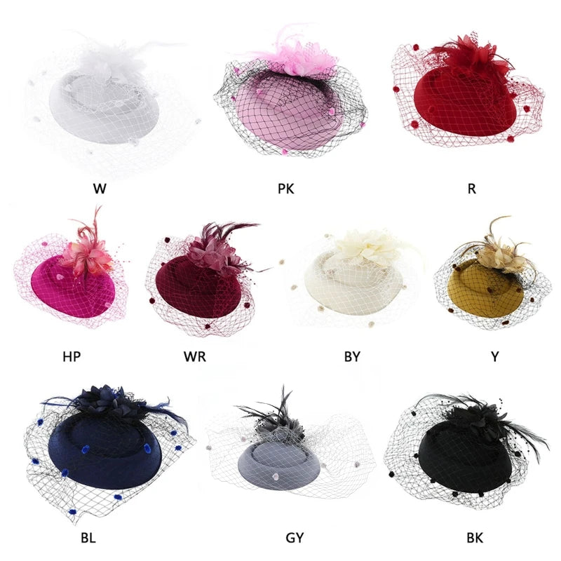 Fascinator Hats for Women Pillbox Cap with Flower Furry Mesh Veils and Hair Clip Party Headwear Headdress
