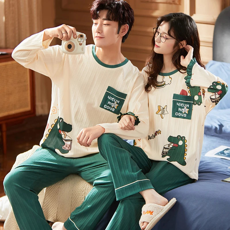 Cartoon Cute Pajamas Set For Women Men Cotton Couples Homewear Autumn Spring Long Sleep Tops Pant Nightwear Mujer hombre