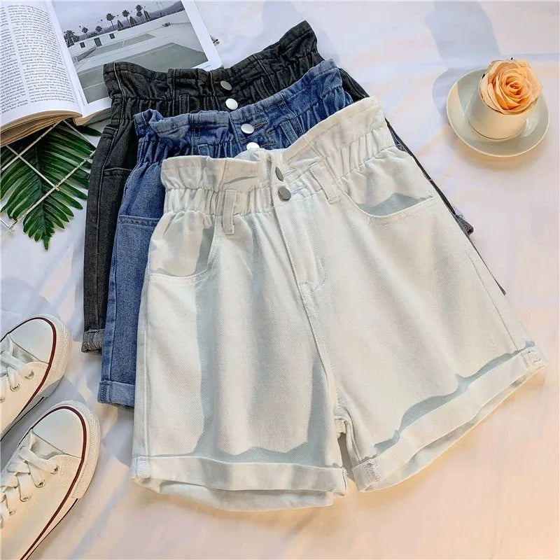 High Waist Wide Leg ort Jeans Women's Loose Slimming A-Line Pants Summer Casual Waed Denim Roll up Hem Floral Print