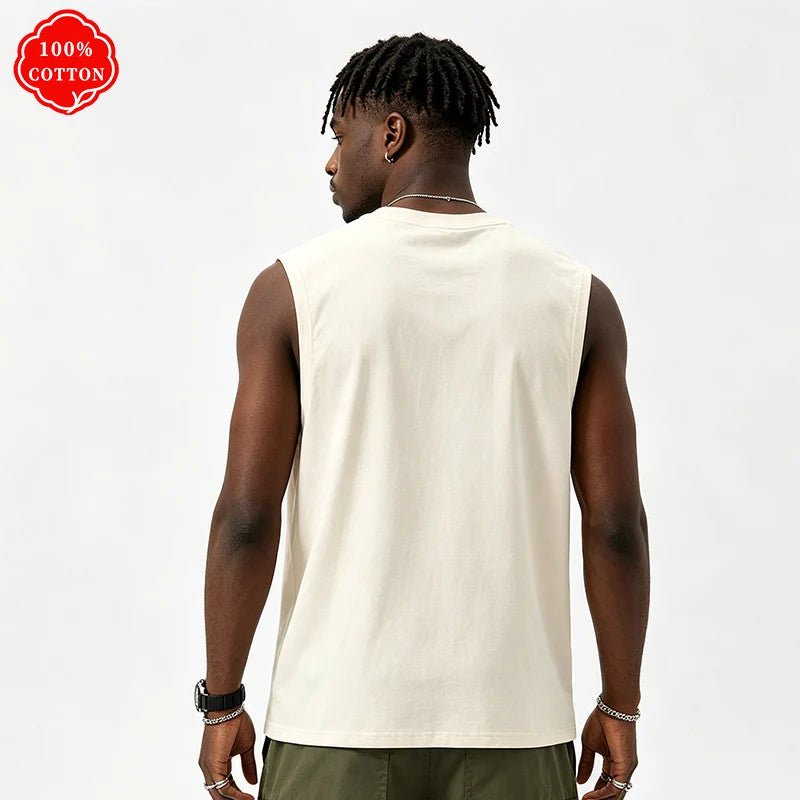 100% pure cotton men's summer casual loose California pattern printed fitness breathable round neck sleeveless vest-H13
