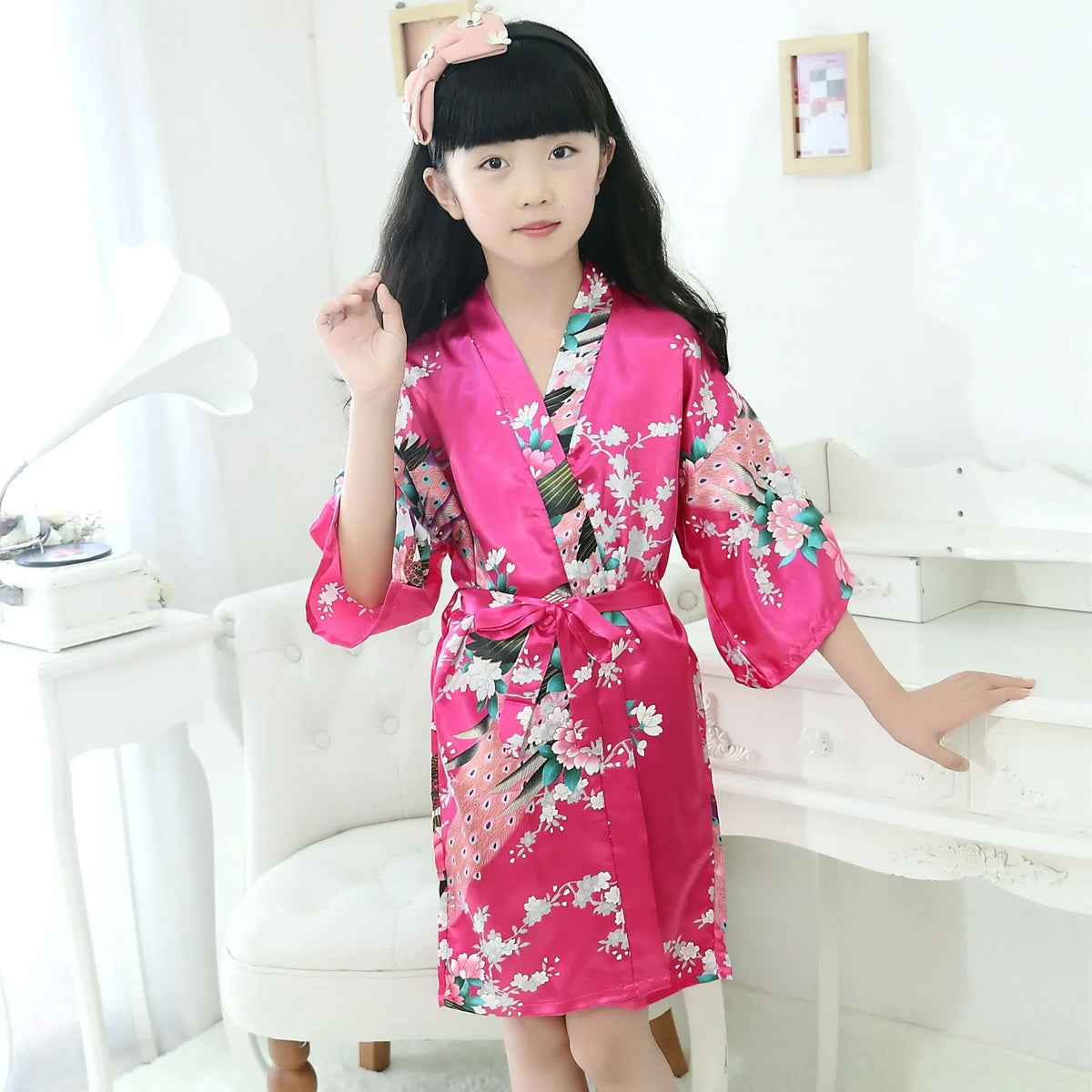 Kids Satin Floral Kimono Robe Flower Girl Peacock Bath Robes for Wedding Spa Party Gifts Bridal Lingerie Sleepwear Bathrobe