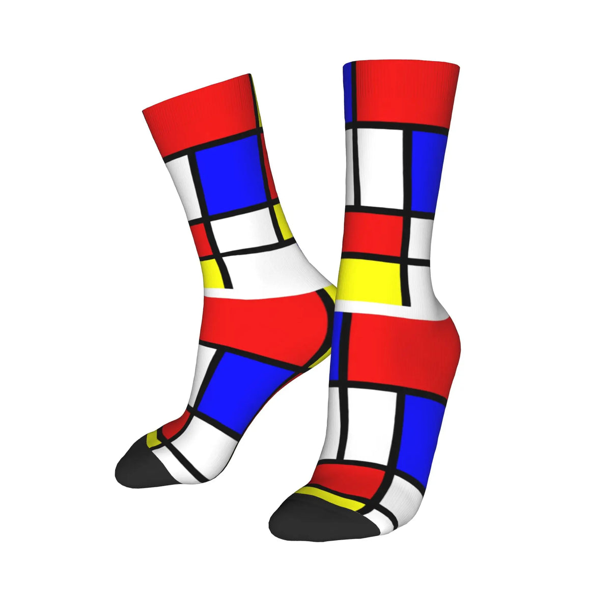 Custom Color Art Retro Mondrian Men Women Crew Socks Unisex Fashion 3D Printed Abstract Art Plaid Dress Socks