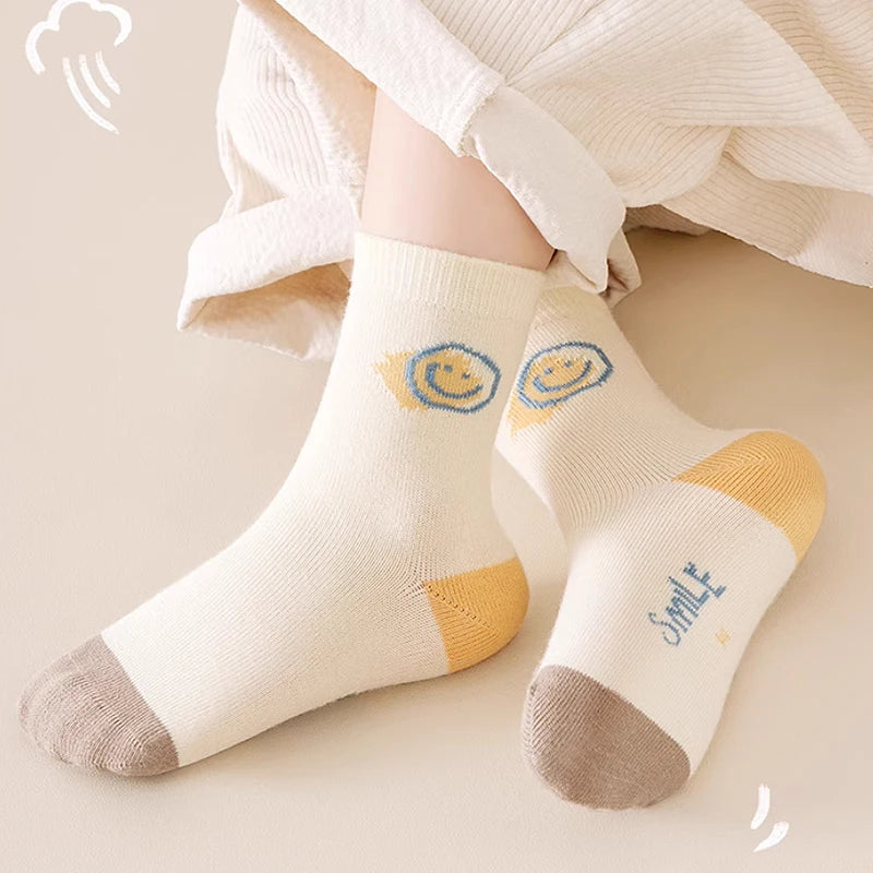 5 Pairs Cotton Solid Kids Boys Half Socks Letter Smiling Pattern  Comfotable Sweat Absorbing Elastic Socks for Children Girls