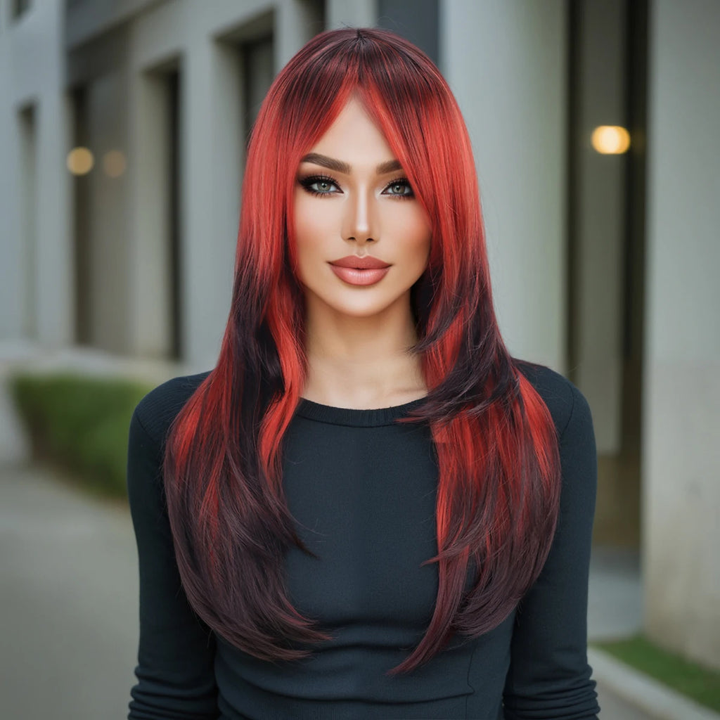 Wig for Women, Full Headpiece, Halloween Style, Middle Parting Bangs, Straight Hair Synthetic Fiber Wig