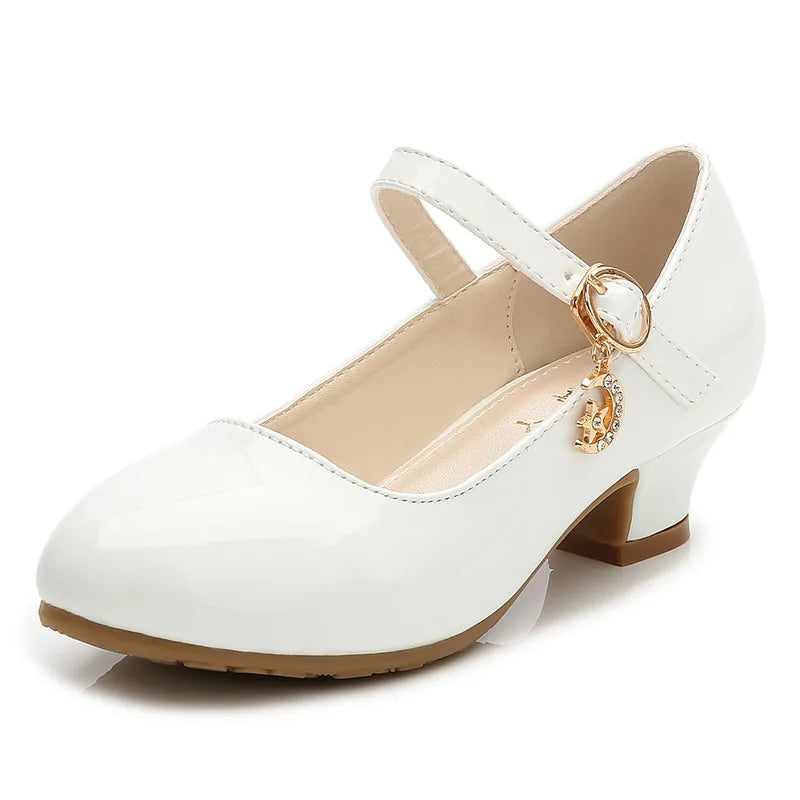 Children Girls Leather Shoes White Princess High Heel Shoes For Kids Girls Performance Dress Student Show Dance Sandals 28-41