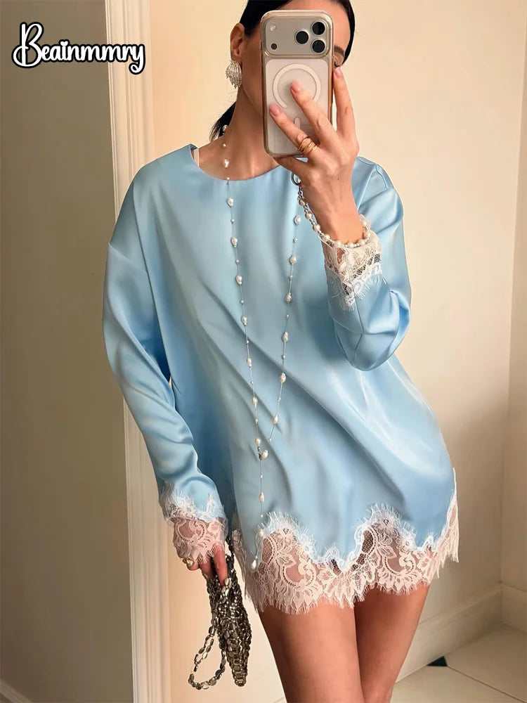 Lace Patchwork Women Mini Dress Long Sleeve Women O Neck Casual 2026 Straight Spring Female Dresses Casual Solid Beach Robes