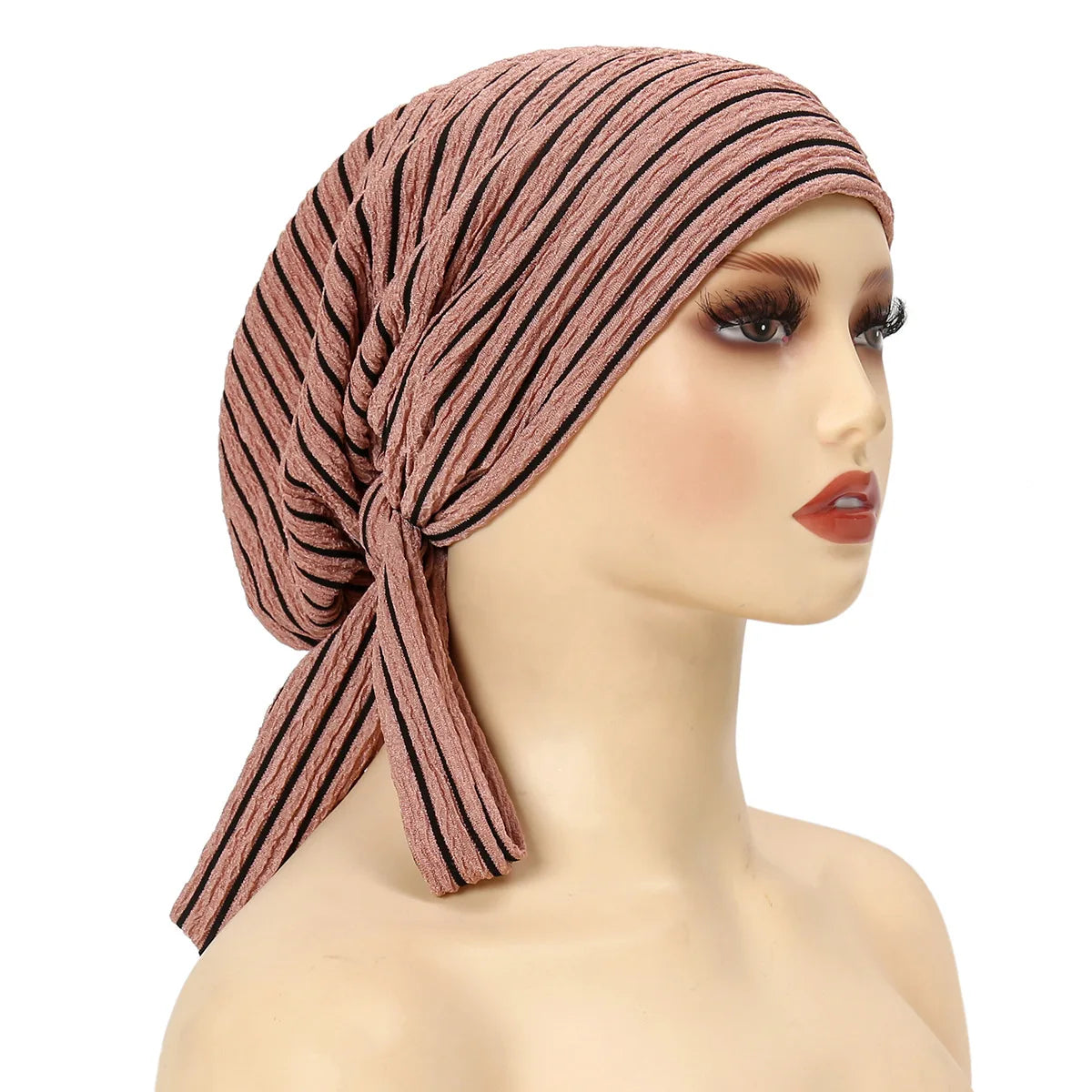 Women Hats 2026 New Fahionable Striped Long Tail Bow Headscarf Hat Chemotherapy Hat Wavy Pattern Caps for Ladies Outfits