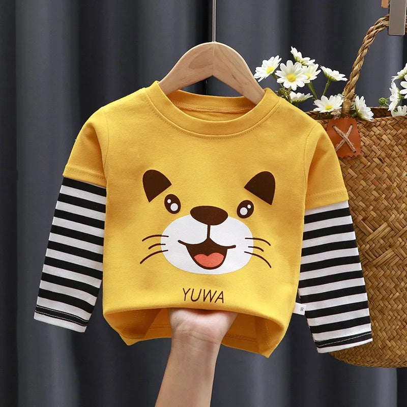 Kids Spring Autumn Long Sleeve Tops Boys Girls Cute Cartoon Shirts Toddler Daily Bottoming Tees Baby Soft Casual Outfits