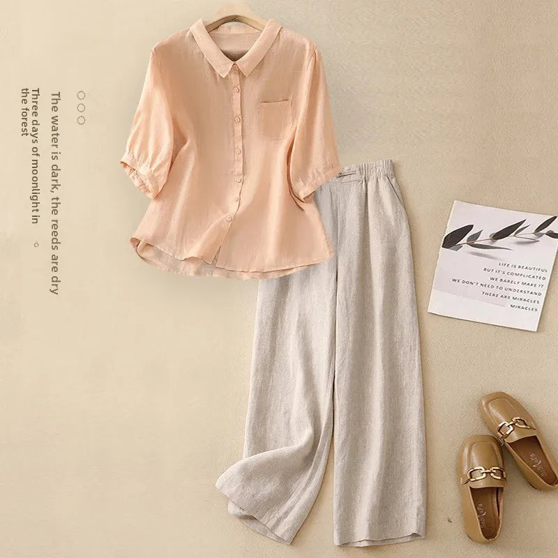 Large Size Summer Cotton Linen Set for Mom Casual Faionable Belly Covering Two Piece Suit ort Sve  Collar Button up