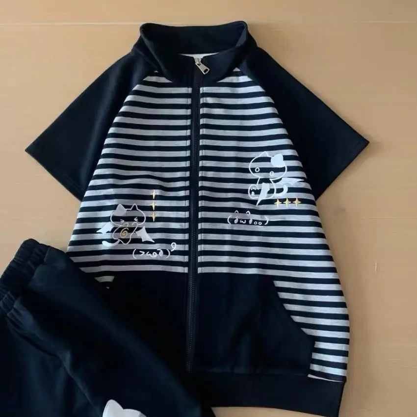 Y2k Japanese Short Sleeve Hoodie Sweet Women Casual Bodycon Kawaii Top Stand Collar Cat Embroidery Zipper Spring Summer
