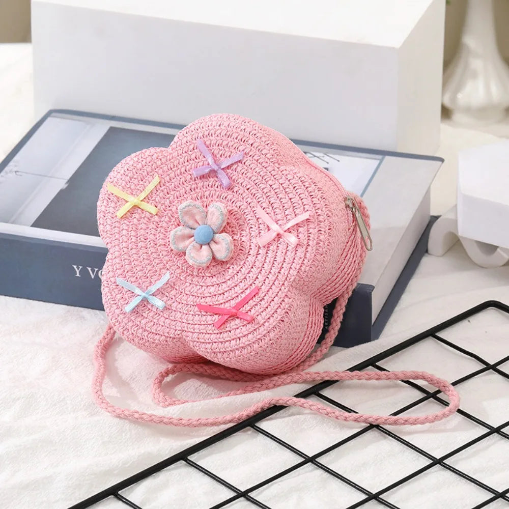 Cute Summer Children Girls Shoulder Bag Flower Bow Handmade Straw Baby Bags Messenger Bag Kids Keys Coin Purse Cute Mini Handbag