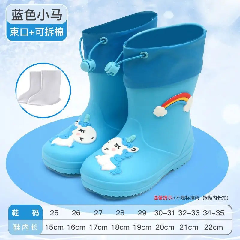 New Kids Rain Boots Boys Girls Rainbow Water Shoes Toddlers Garden Shoes Kids Cartoon Drawstring Non-Slip Rain Boots Comfortable