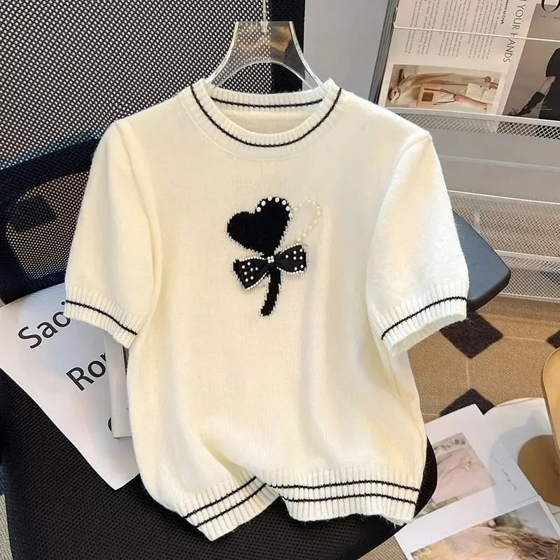 Embroidery Heart Beading Bow Pearl Pullover Short-sleeved T-shirt Female Ice Silk Knit Sweater Summer New Thin Tops Design Coat