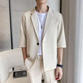 Men's Casual Half Sleeve Suit Jacket Polyester Fiber Breathable round Hemline Single Button Closure Standard Fit Adult Wear