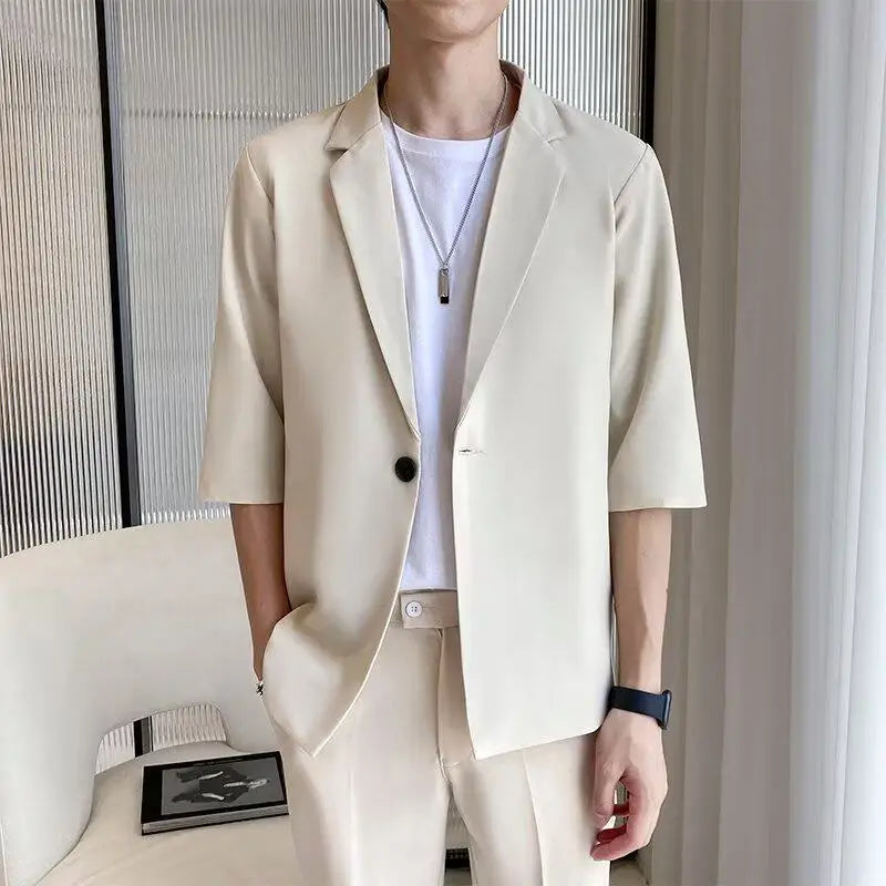 Men's Casual Half Sleeve Suit Jacket Polyester Fiber Breathable round Hemline Single Button Closure Standard Fit Adult Wear