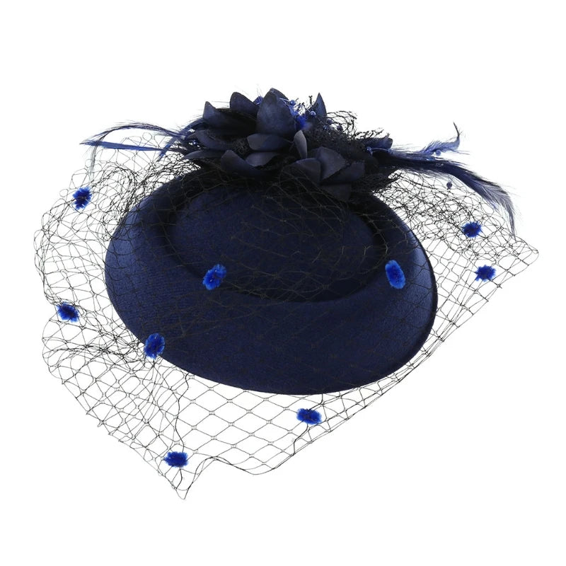 Fascinator Hats for Women Pillbox Cap with Flower Furry Mesh Veils and Hair Clip Party Headwear Headdress
