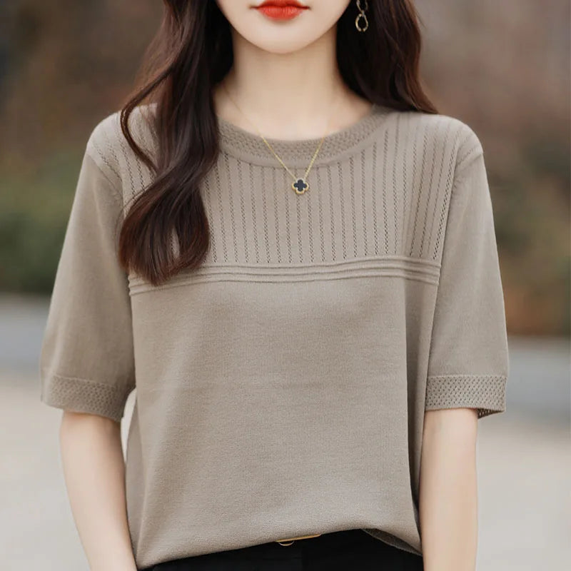 Summer New Round Neck Women's Ice Silk Sweater Temperament Joker Loose Slim Short Sleeve Age-Reducing Fashion Sweater