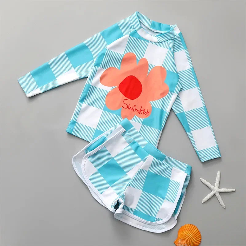 Girls Swimsuit Fashion Split Two-piece Swimwear Sets for Kids Sunscreen Quick Dry Long Sleeve Swimming Suits Teen Beach Clothing