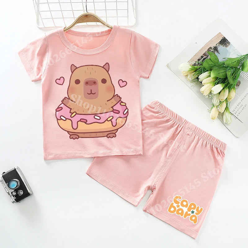 Capybara Kids Pajamas Shorts Set Summer New Capibara Home Clothes Boys Girls Anime Nightwear Pants Children Short Sleeve Gift