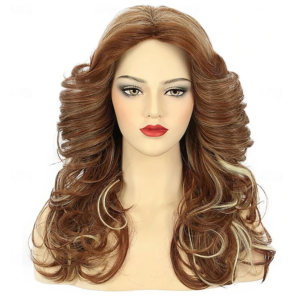 Synthetic Hair Women 70s Feathered Wig Long Blonde Wave Disco Singer Wig Vintage Costume Wig Halloween Party Costume Wig