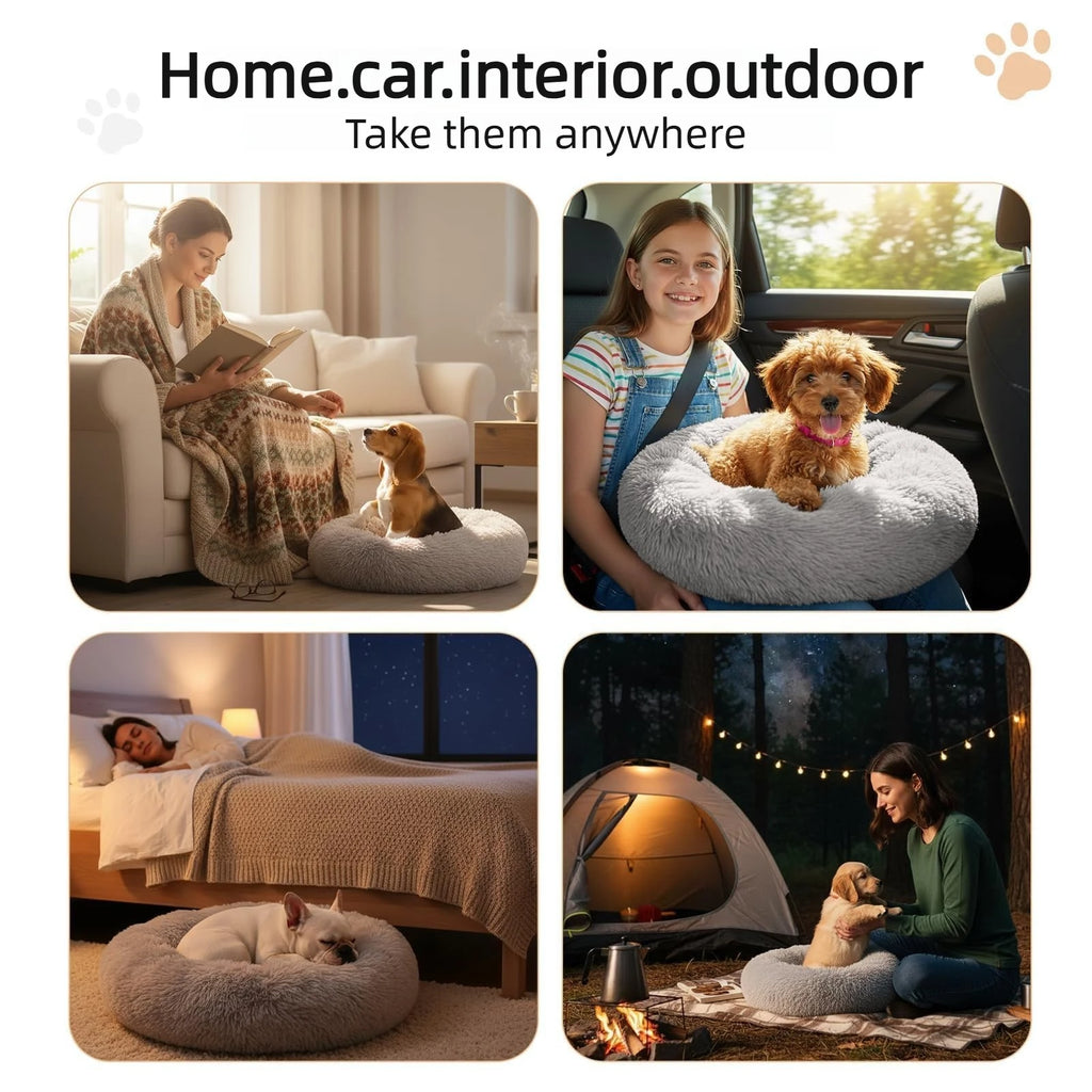 Soft Pet Cat Bed Pad Plush Warm Faux Fur Dog Calm Bed Donut Round Bed Comfortable Sleeping Washable for Small Medium Dog and Cat